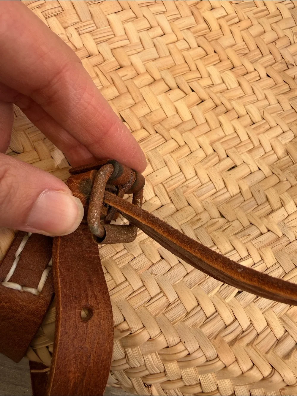 Natural Straw Backpack with Brown Leather Trim